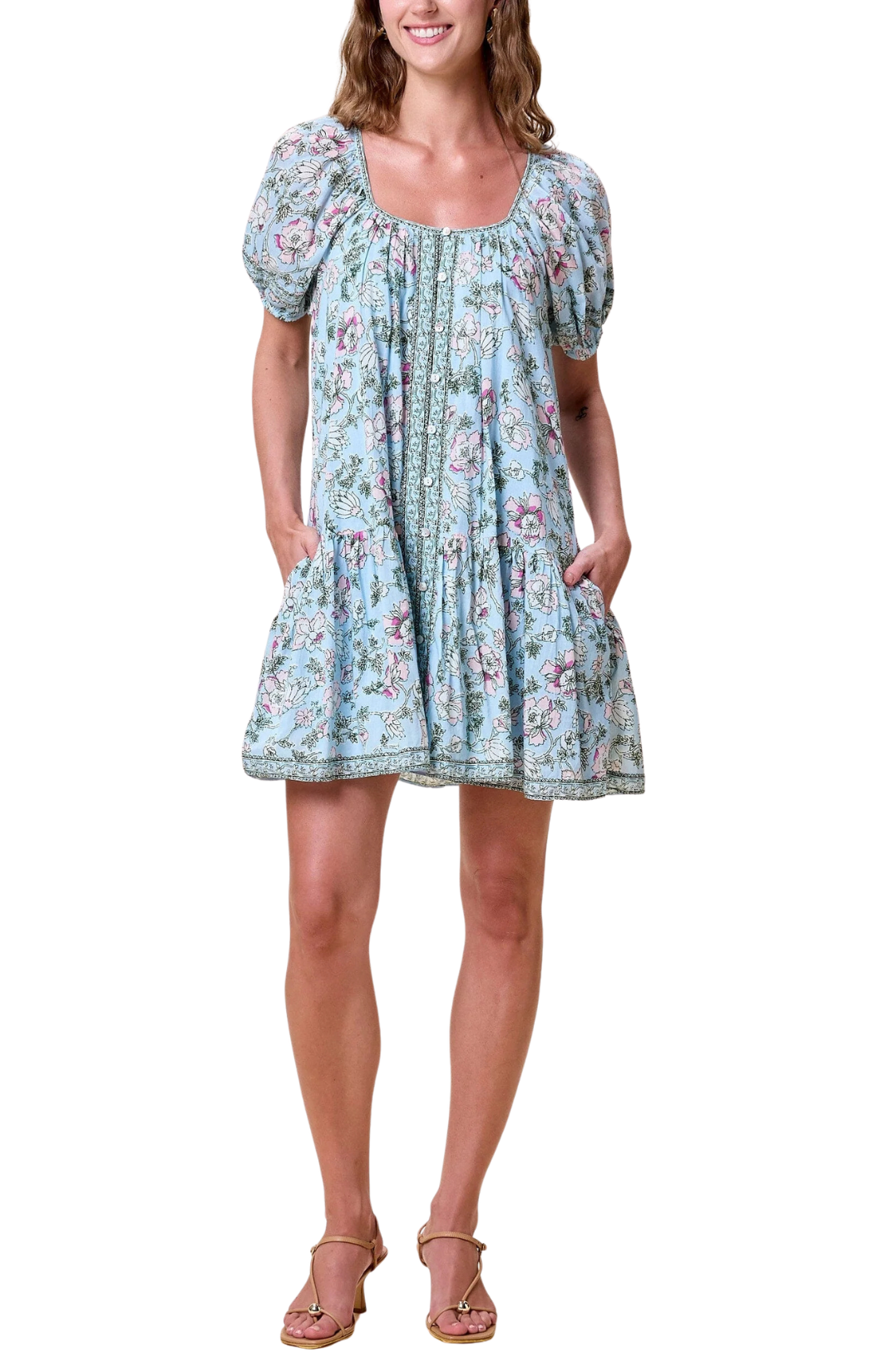 Lightweight mini dress designed with raglan puff sleeves and a softly tiered skirt with delicate shirring, with convenient side pockets