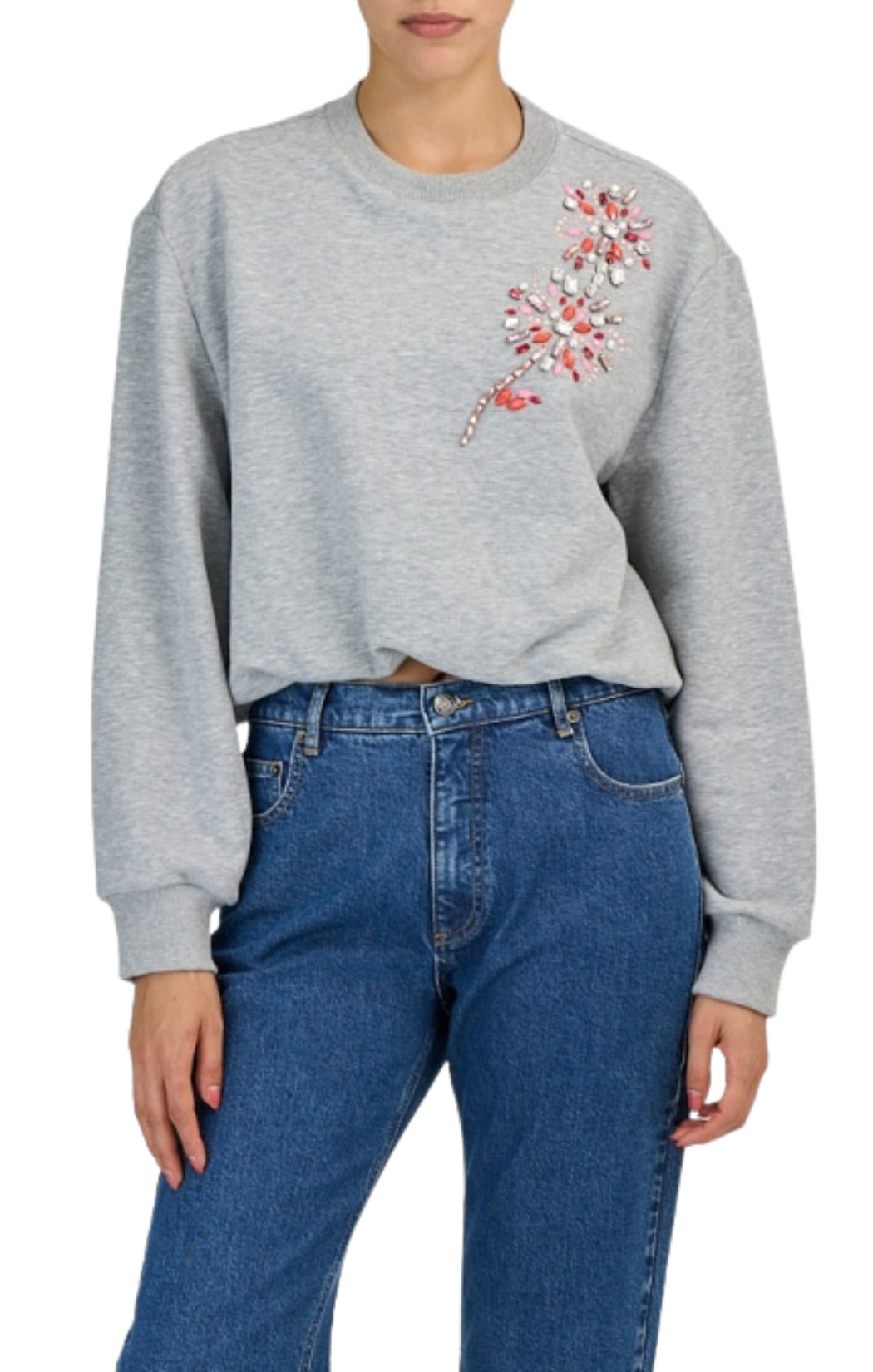Gray pullover crew neck sweatshirt with a cinched waist for a shorter look and jeweled beading in a floral pattern. By Cinq a Sept.