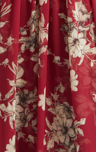 Floral fabric by Cinq à Sept Tatum midi dress in burgundy and cream floral print, with a V-neckline, flutter sleeves, and tiered ruffles.
