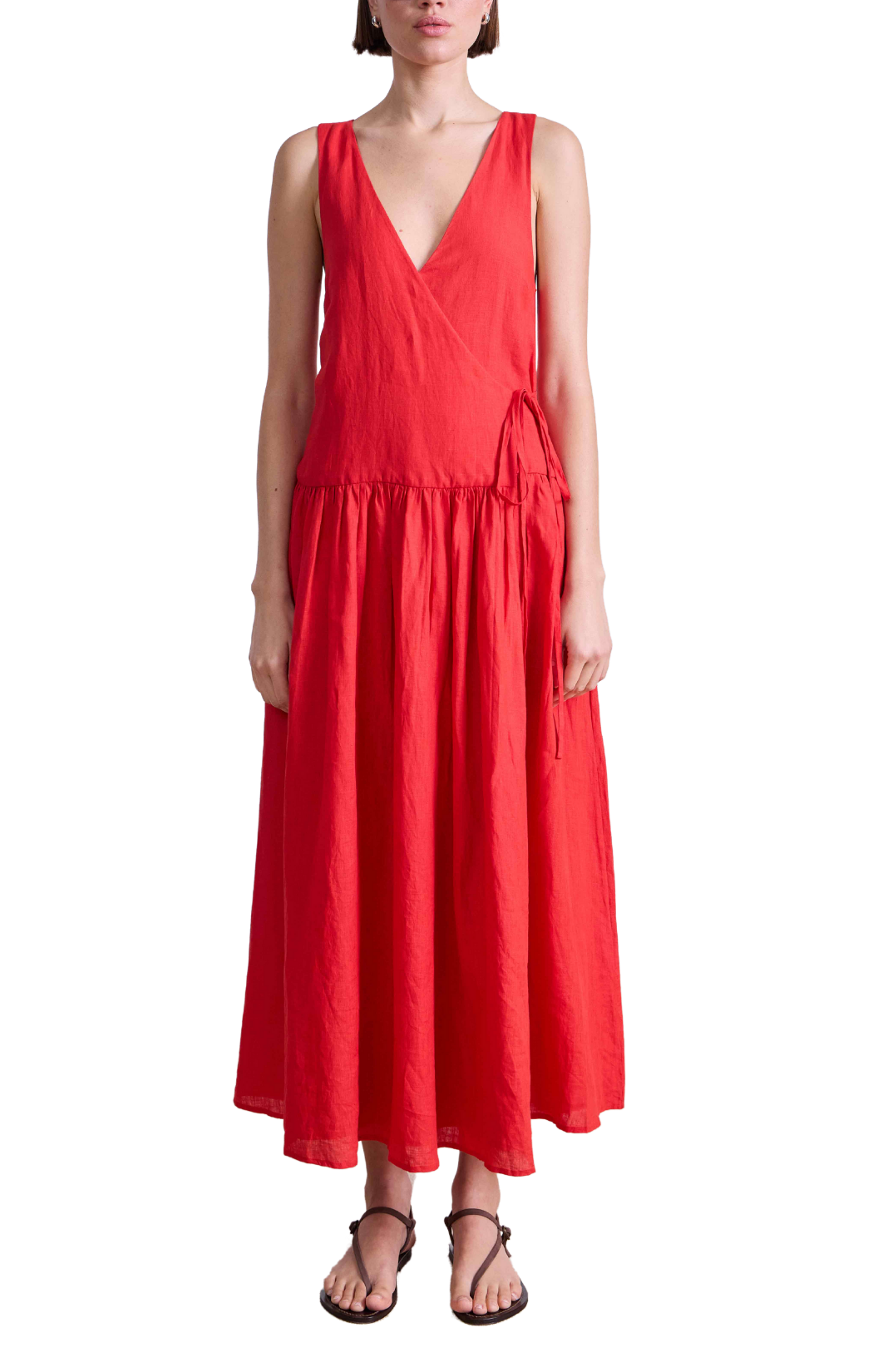 apiece apart poppy red tiered maxi dress wrap v-neck drop waist 