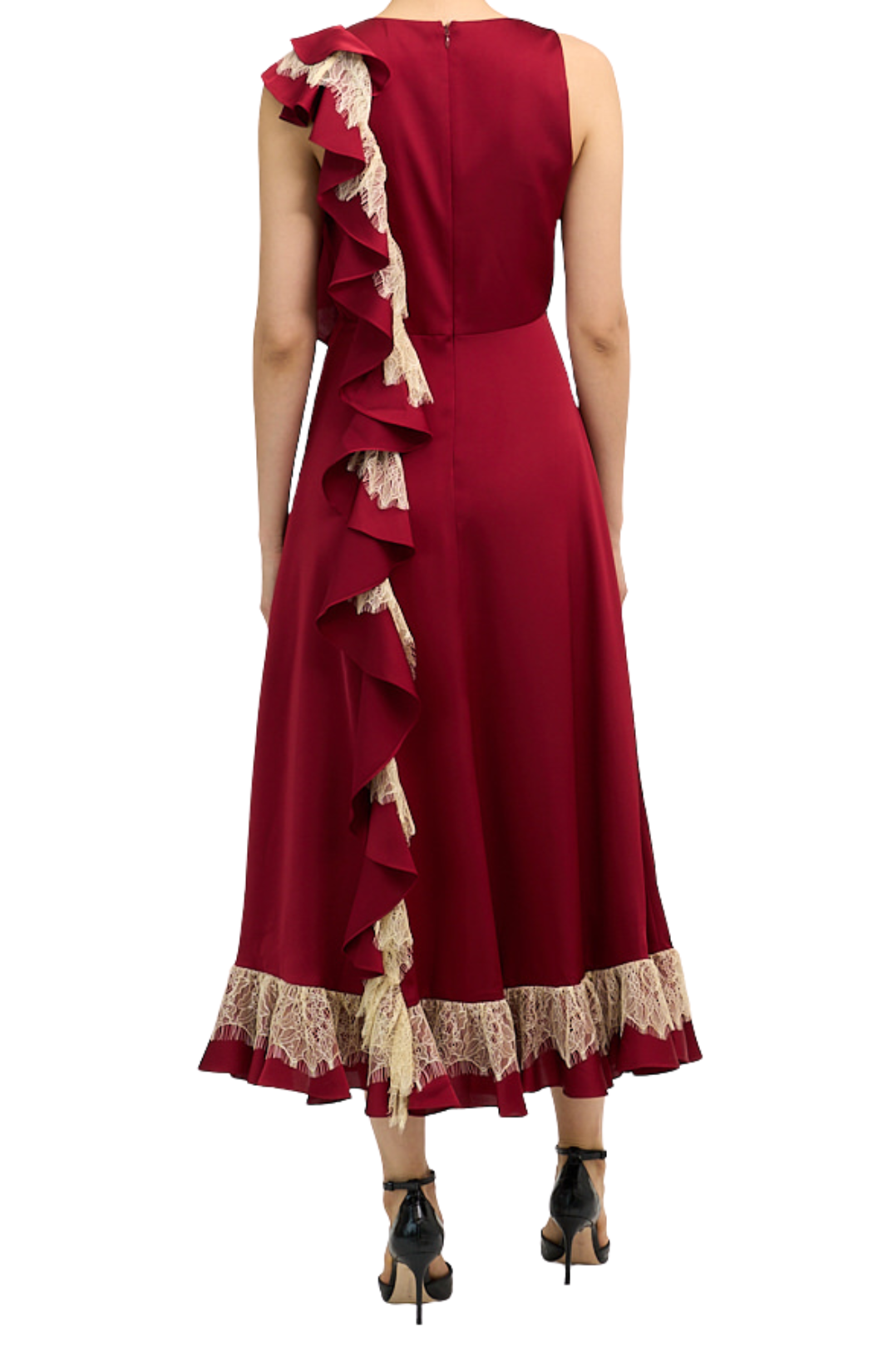 A woman modeling a sleeveless deep red midi dress with a ruffled one-shoulder design and lace trim