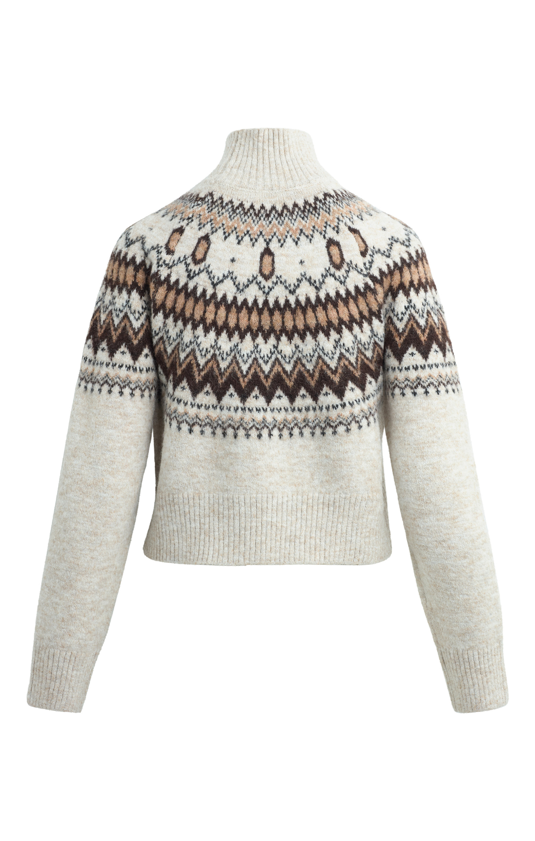 A cropped turtleneck sweater with a cream-colored knit body and a detailed Fair Isle pattern across the yoke and shoulders in brown, beige, and black, shown on a plain white background.