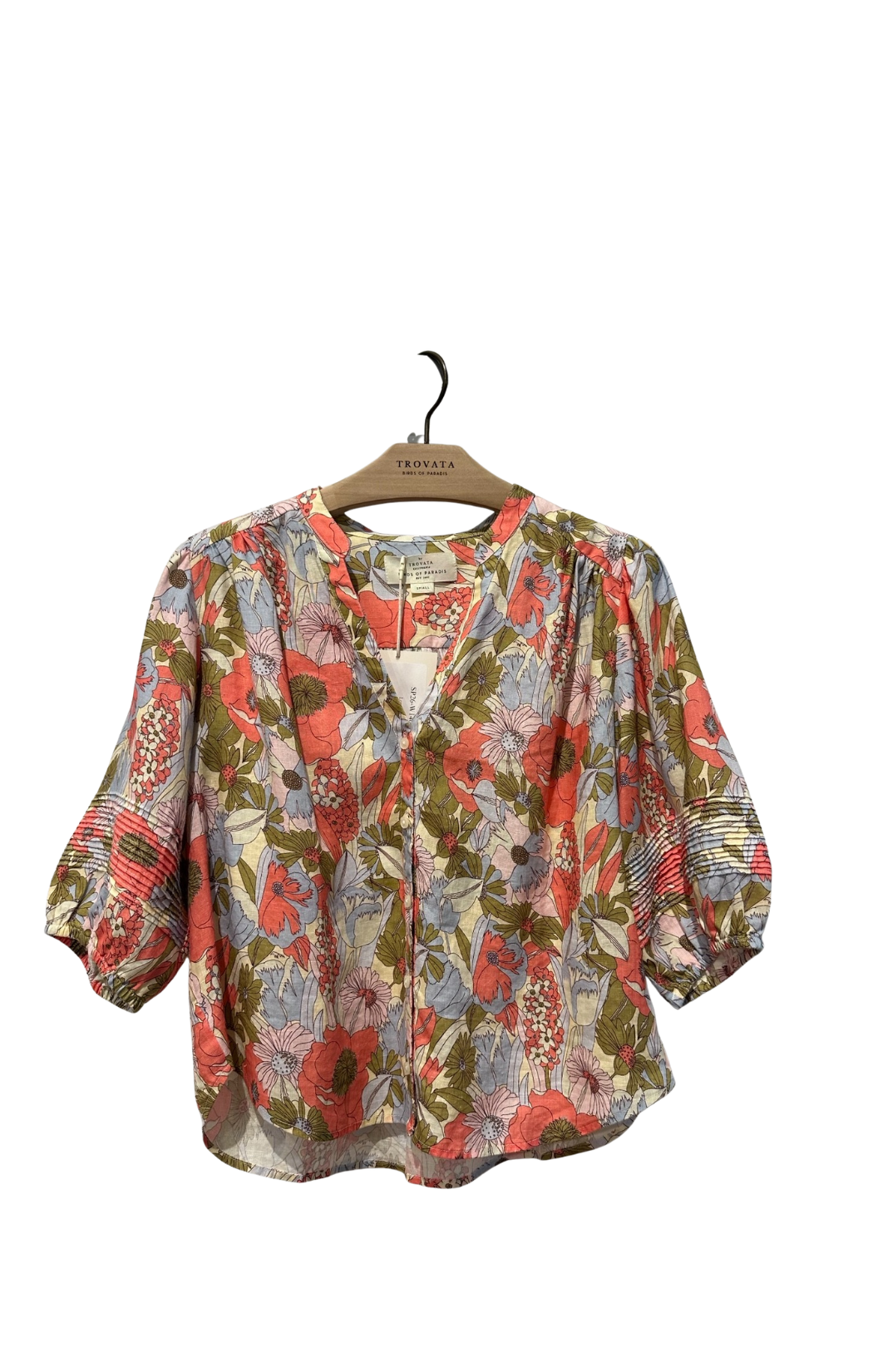 pink, blue, and green floral short sleeve blouse