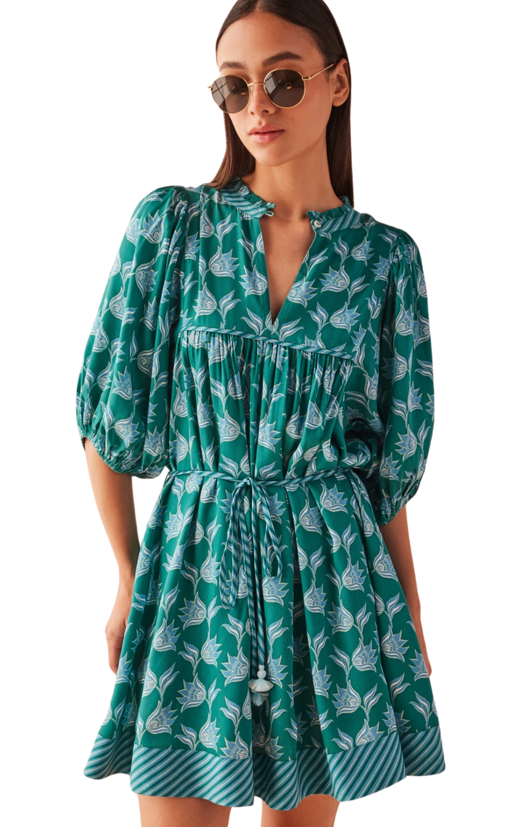 omika printed wren mini dress flowy tie waist nicobar mantis teal block print puff sleeve