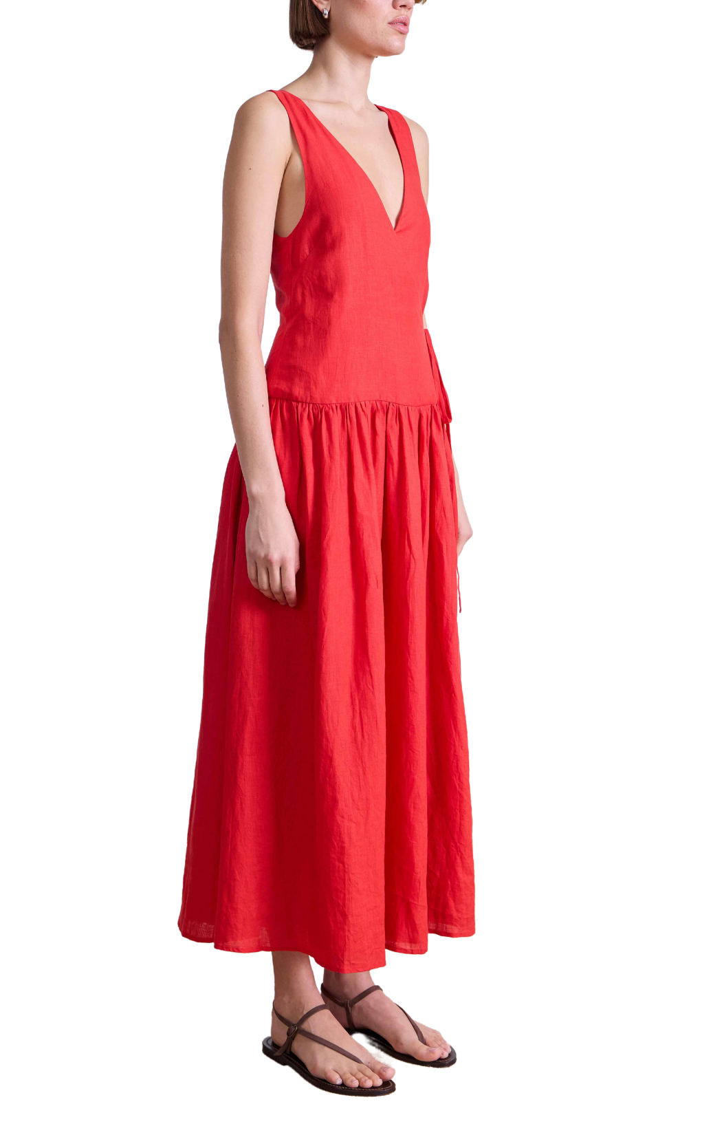 apiece apart red tiered maxi dress wrap v-neck drop waist 