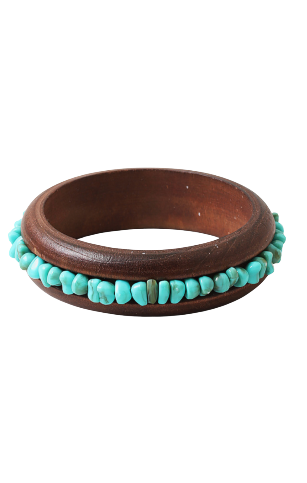 A bangle of  olished dark wood with a vibrant channel of turquoise stone beads 