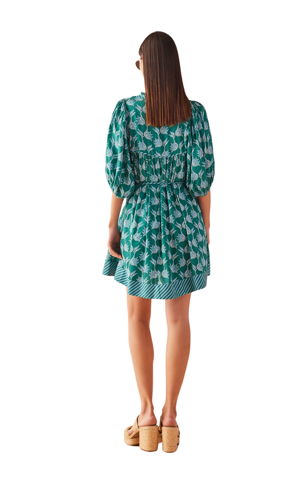 omika printed wren mini dress flowy tie waist nicobar mantis teal block print puff sleeve