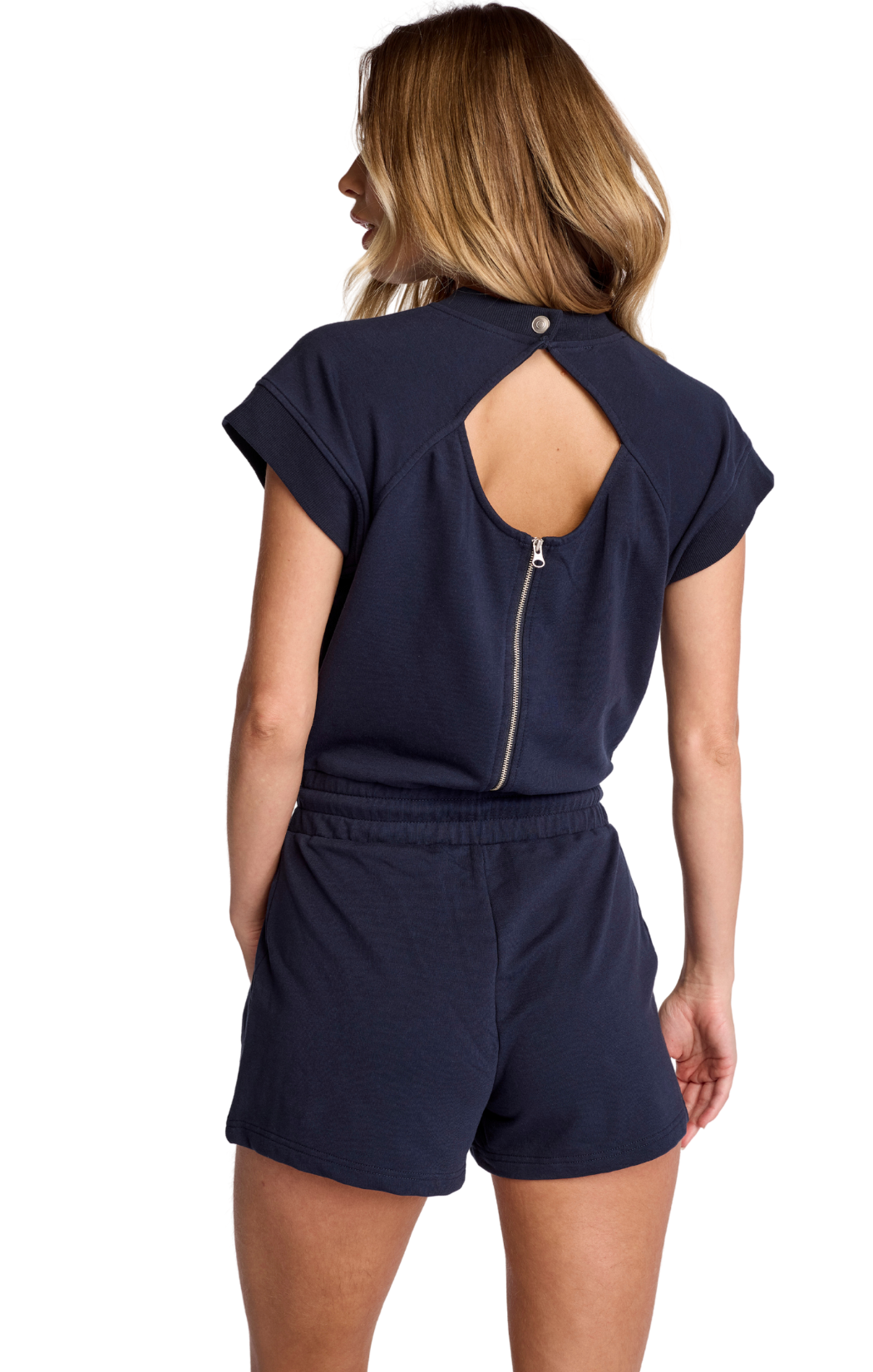 sundays navy neil romper drawstring waist short sleeve 