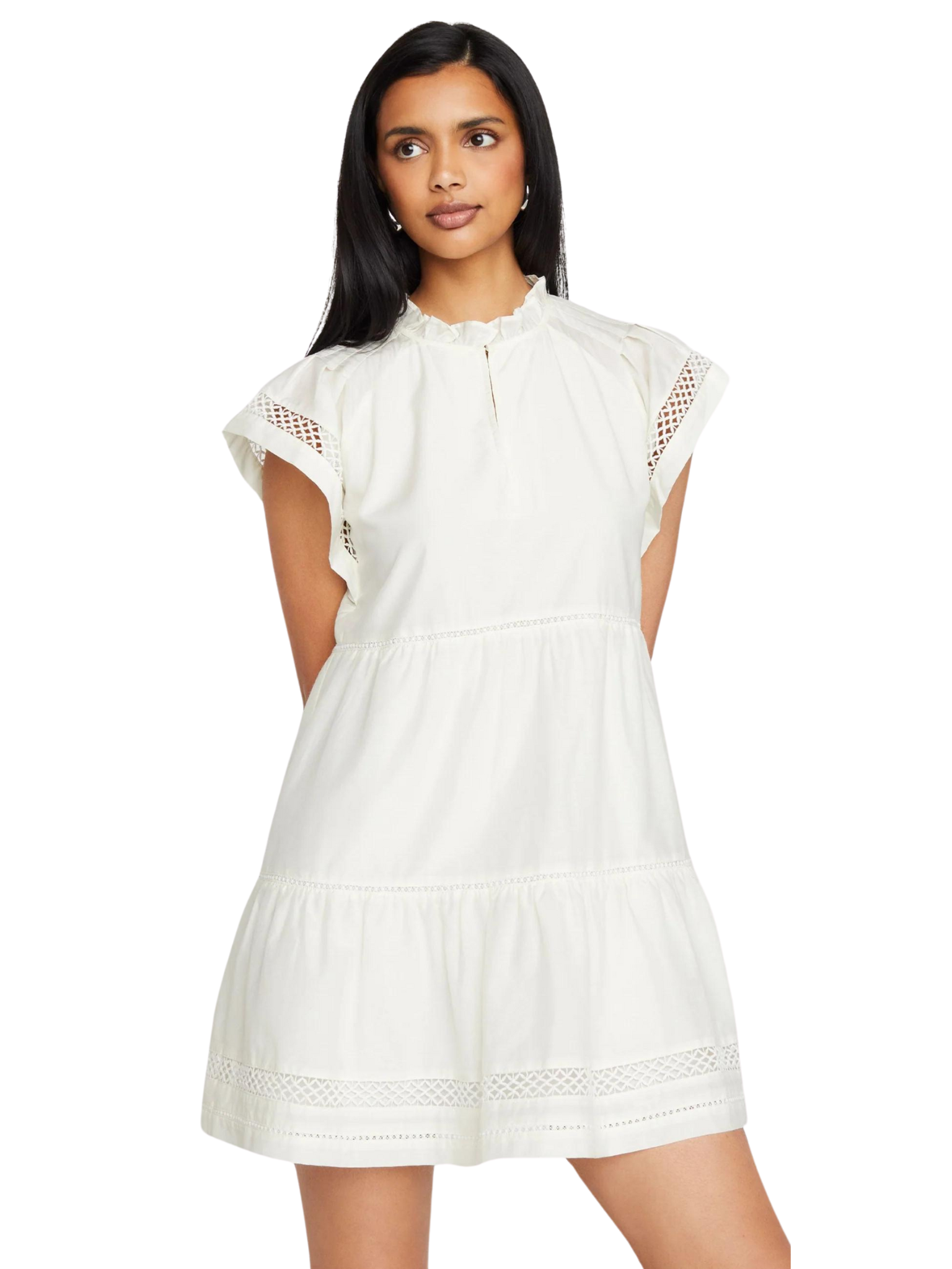 The name says it all. This flirty silhouette, featuring mixed trim detailing on both the flutter sleeves and tiered body, delivers wear-anywhere everyday style. Our Day Dress is a seasonless Marie Oliver staple.